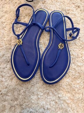 Tory Burch Royal Blue Leather T-Strap Sandals with Gold Logo